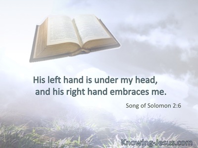 His left hand is under my head, and his right hand embraces me.